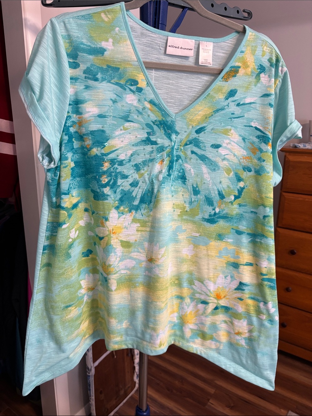 Alfred Dunner Aqua Floral Watercolor V-Neck Short Sleeve Top